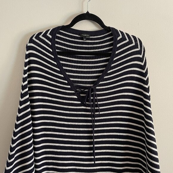 Talbots Women L Navy Blue White Striped Knit Nautical Lace Up Sweater Poncho - Picture 5 of 9